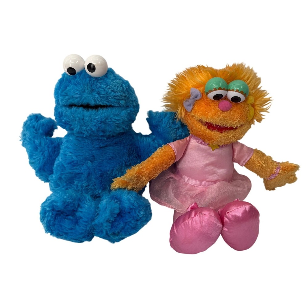 Gund Sesame Street Plush Cookie Monster and Ballerina Zoe 12 Inch Blue Pink Set